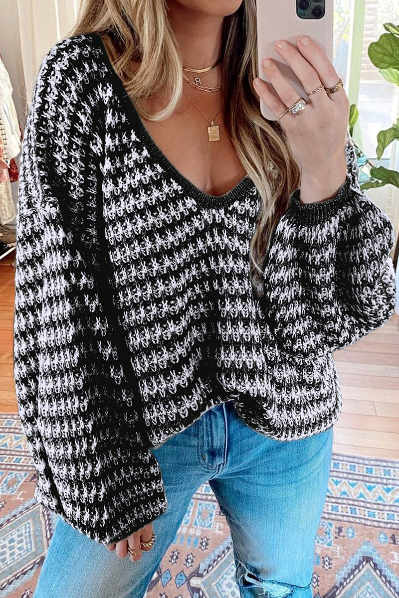 Oversized Stripe V Neck Puff Sleeve Sweater  Fashionpara