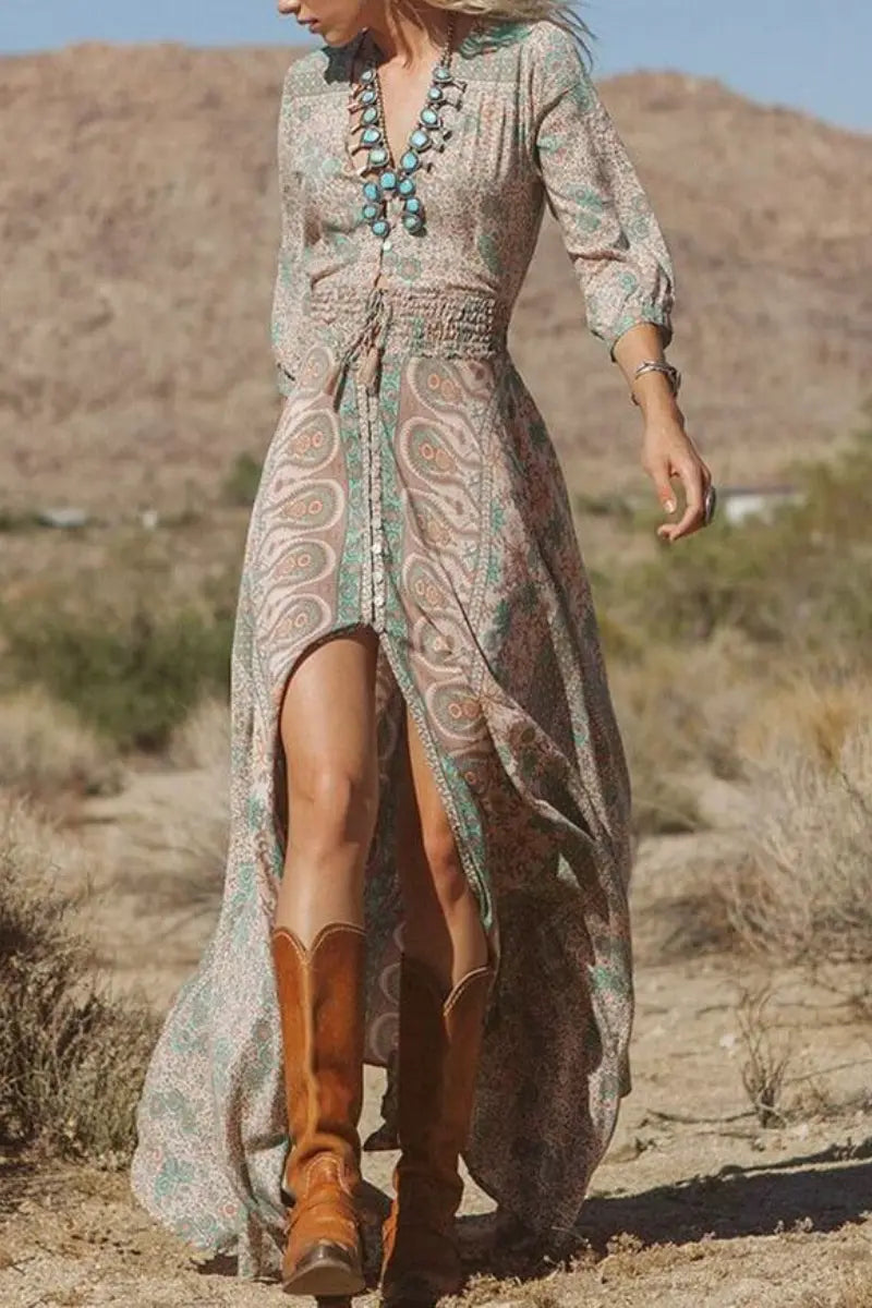 Green Boho Style Floral Chiffon Maxi Dress Fashionpara