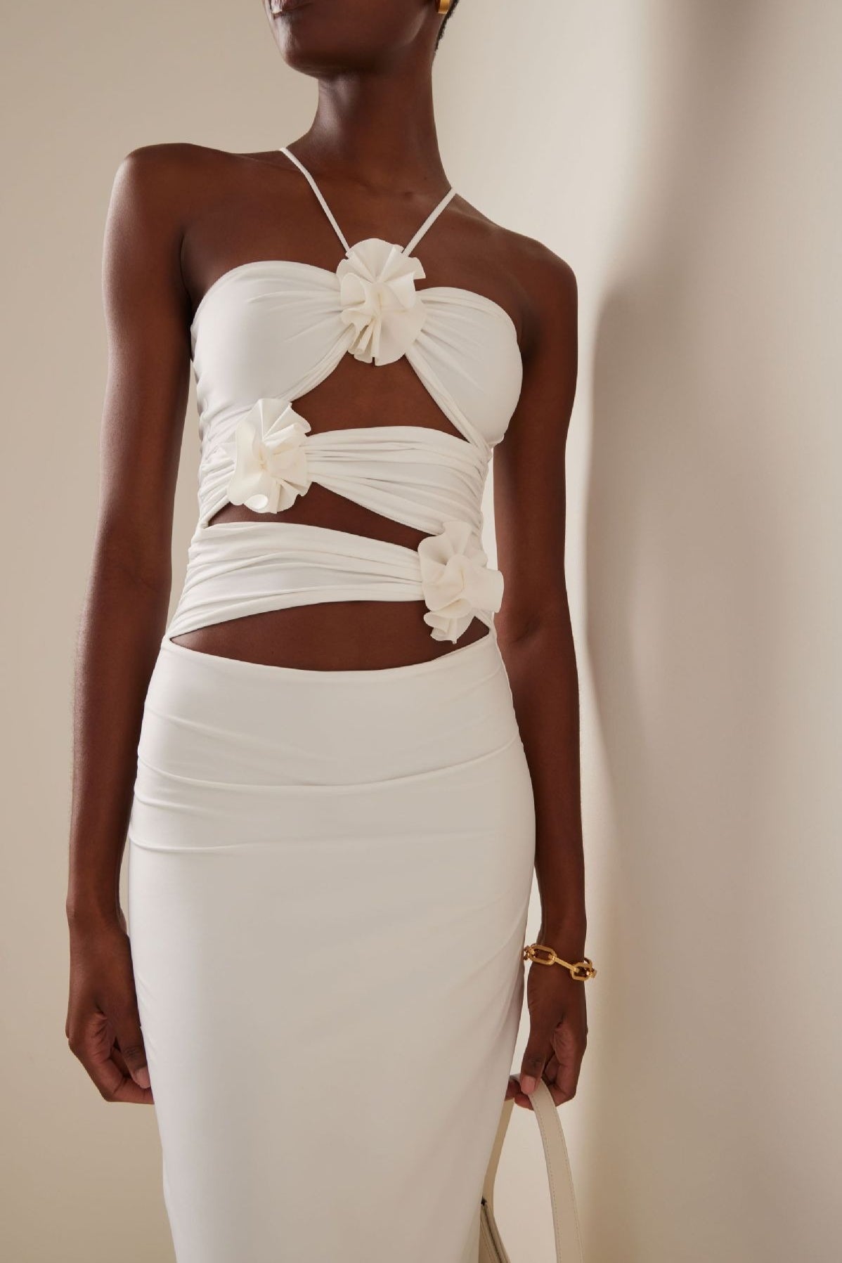 Rosette-Trim Strappy Cut-Out Ruched Bodycon Dress
