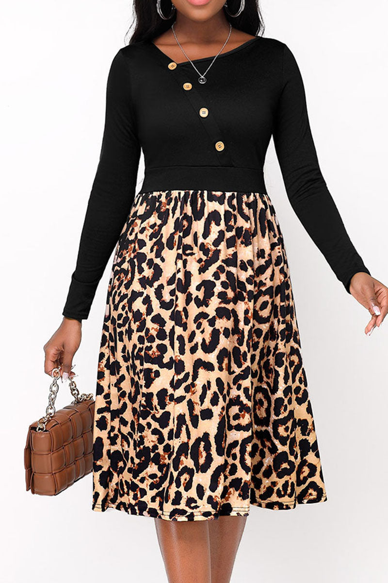 Sexy Print Leopard Patchwork Asymmetrical Collar A Line Dresses Fashionpara