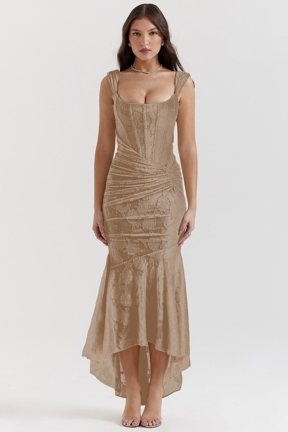 Square Neck Sleeveless Corset Ruched Fishtail Midi Dress - View 7