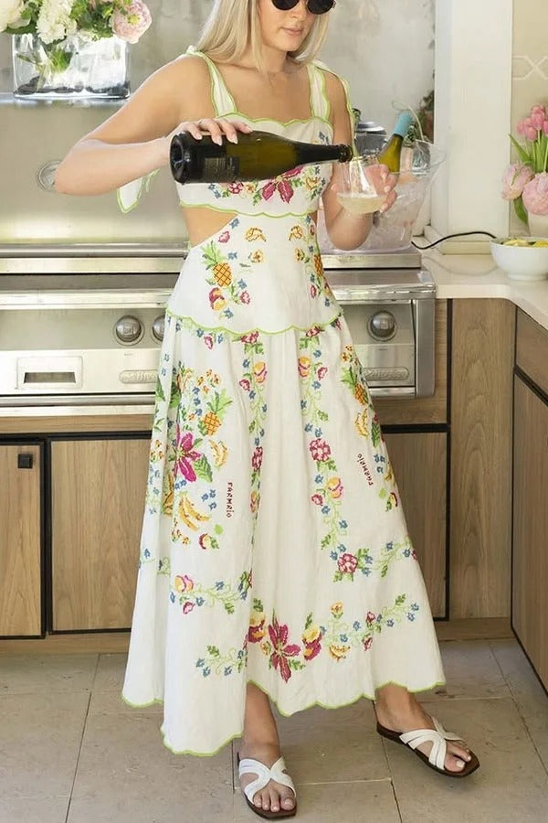 Tropical Romance Printed Tie-up Cutout Waist Midi Dress - Fashionpara