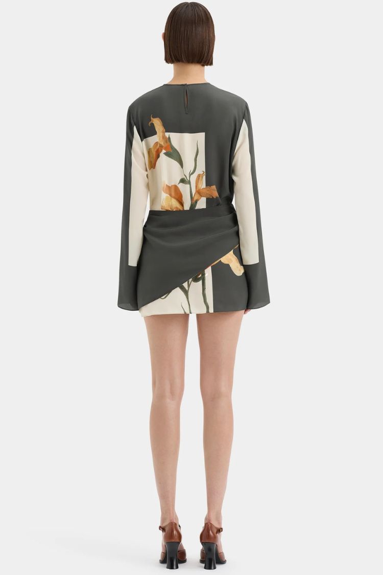 Constance Floral Print Twist Waist Long Sleeve Lightweight Mini Dress - Fashionpara