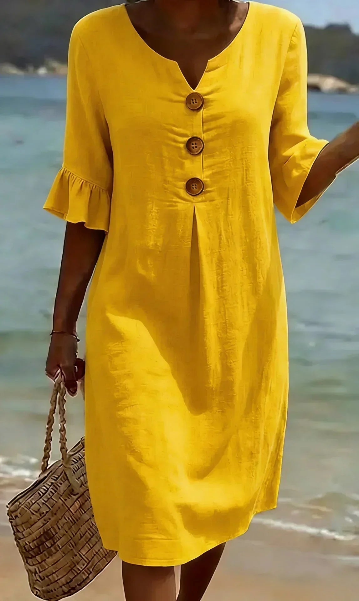 V-Neck Button Placket Flutter Sleeve Linen Look Midi Dress 4