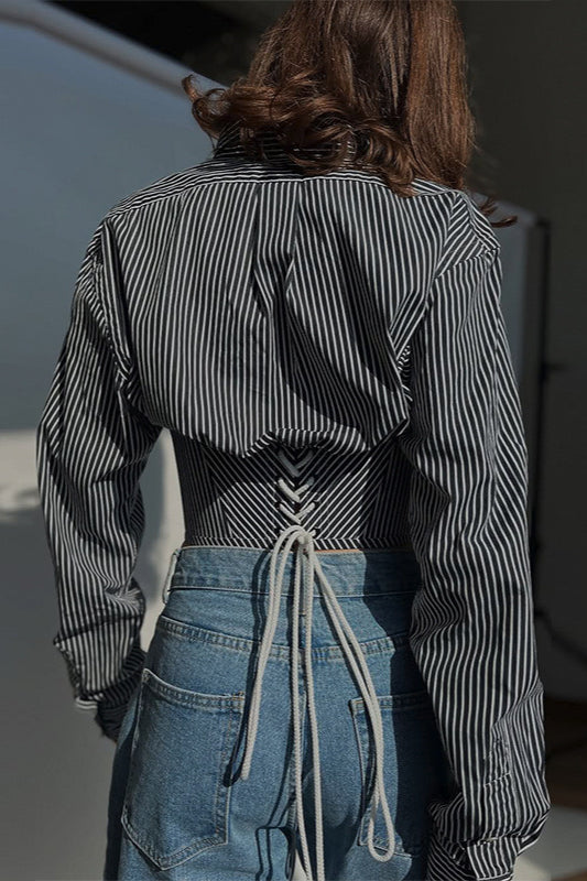 Striped Waist Cinched Collared Short Blouse