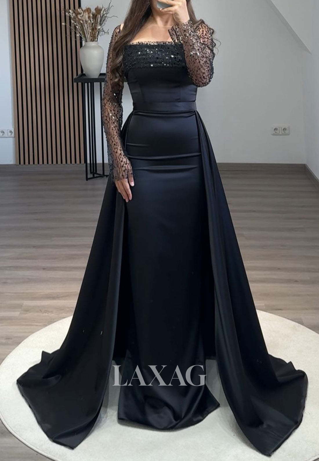 Long Sleeves Square-Nck Pleated Party Gowns Beaded Sequined Mermaid Prom Dress with Overskirt