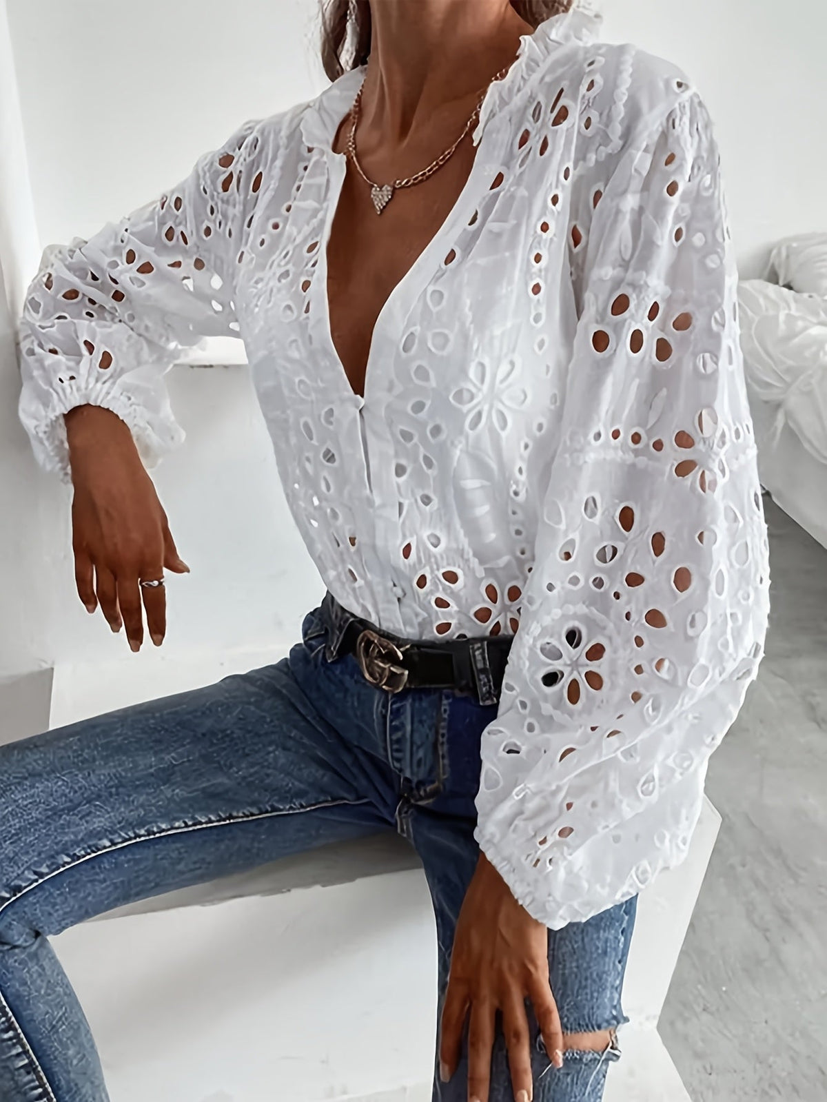 Eyelet Broderie V-Neck Long Sleeve Button Blouse 5