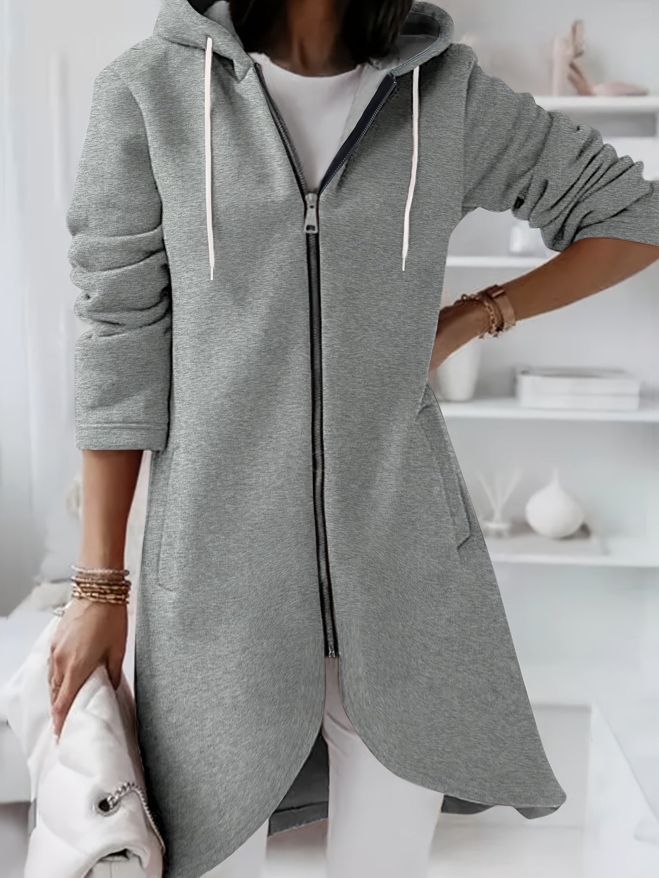 Solid Zipper Drawstring Midi Hooded Jacket for Versatile Style
