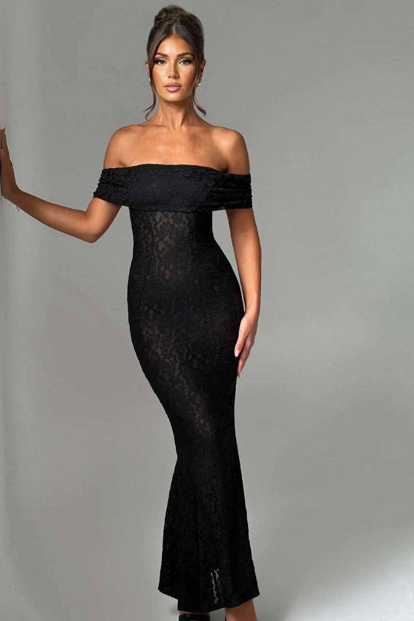 Sheer Floral Lace Off-Shoulder Mermaid Maxi Gown
