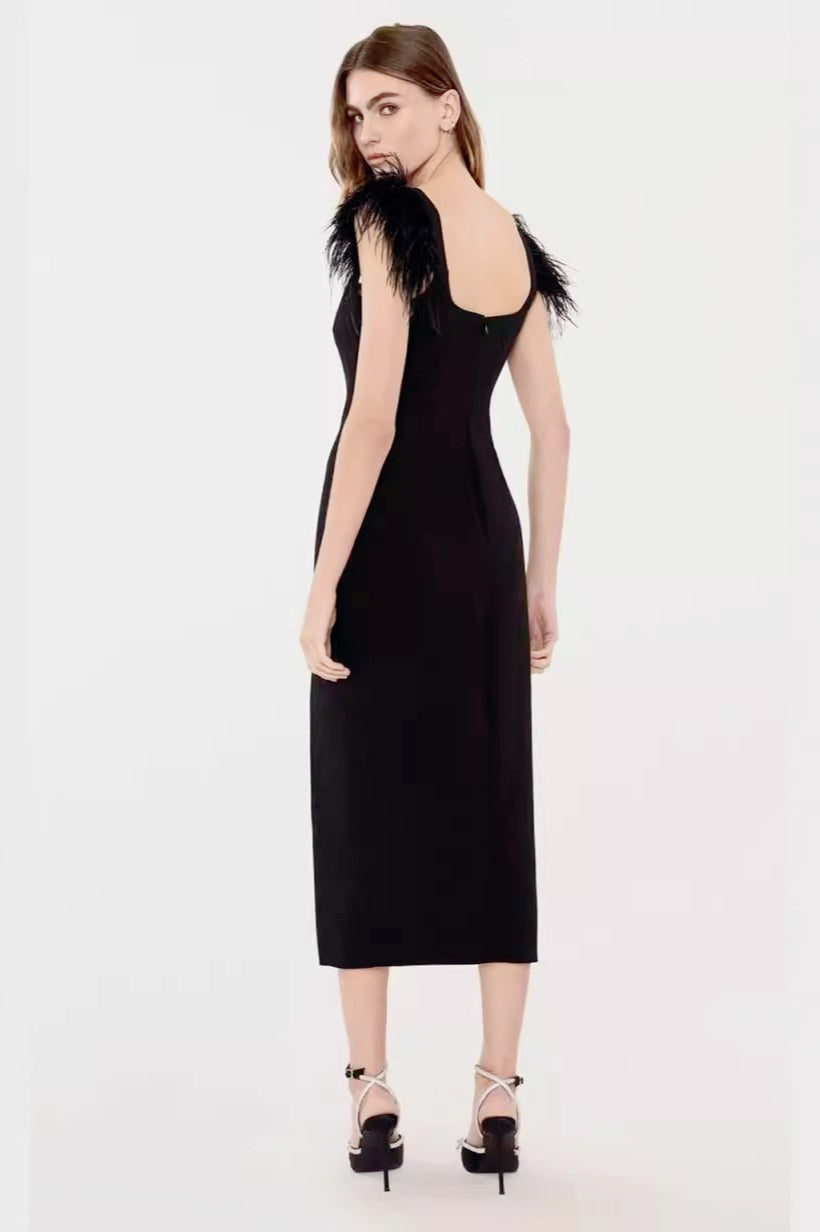 Feather-Trim Square-Neck Bow Slit Bodycon Midi Dress