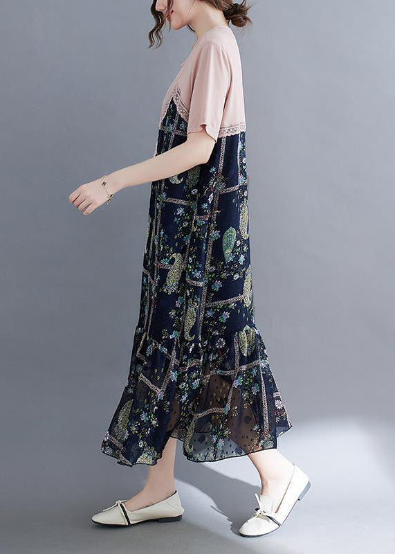 Faux Two Piece Paisley Patchwork Lace Trim Ruffle Hem Midi Dress - View 4