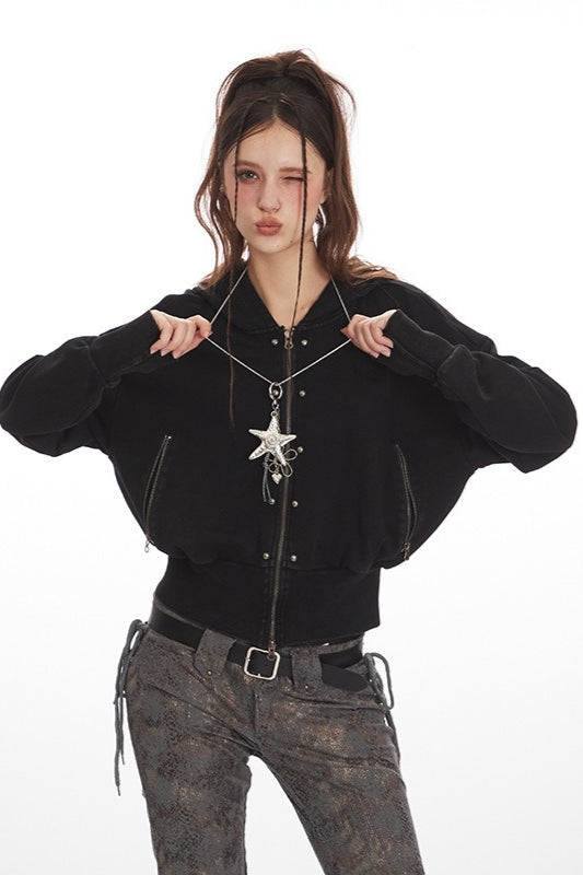 Cropped Zip Up Vintage Hoodie - Fashionpara