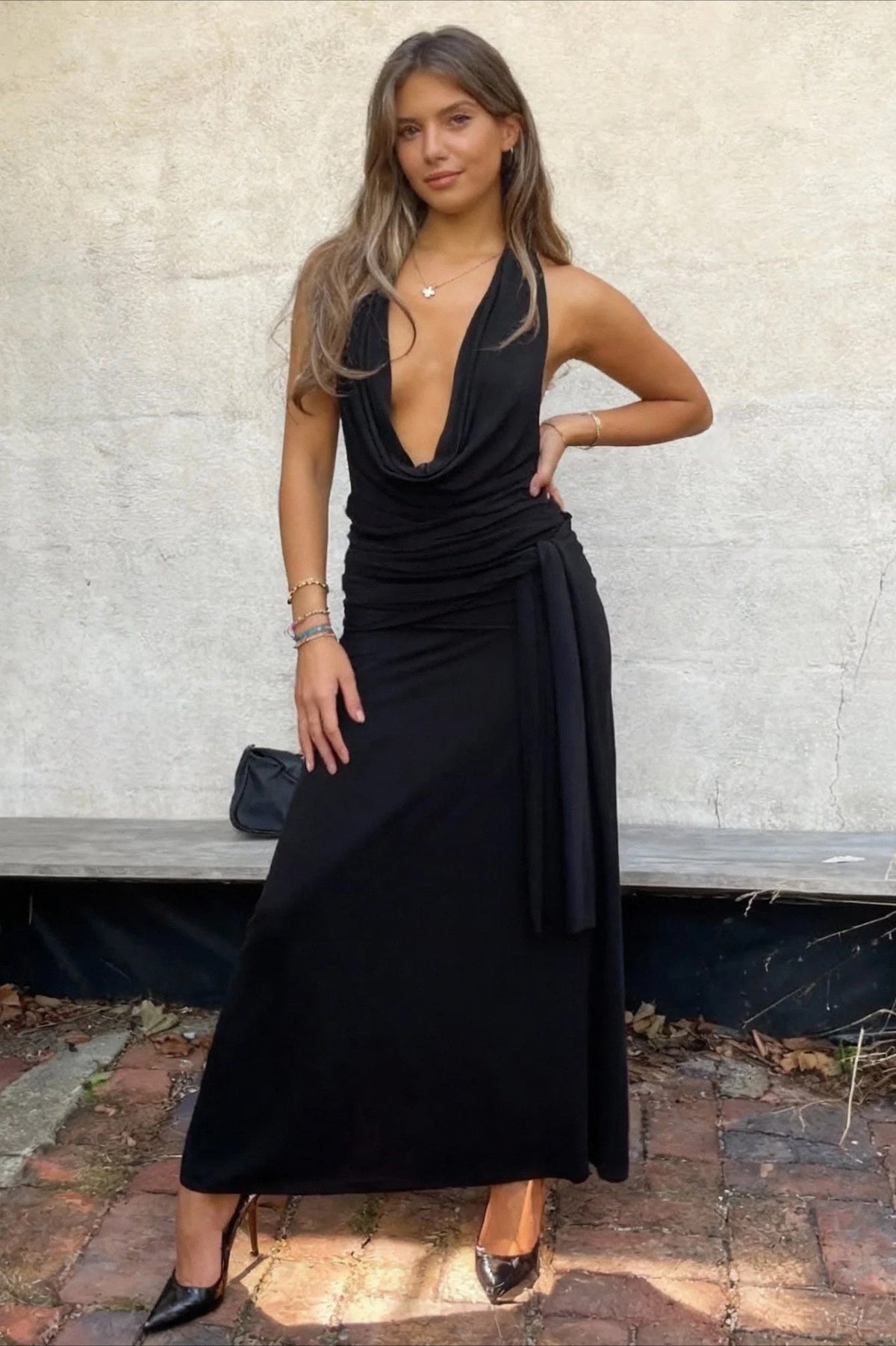 Satin Cowl Neck Backless Ruched Draped Maxi Dress