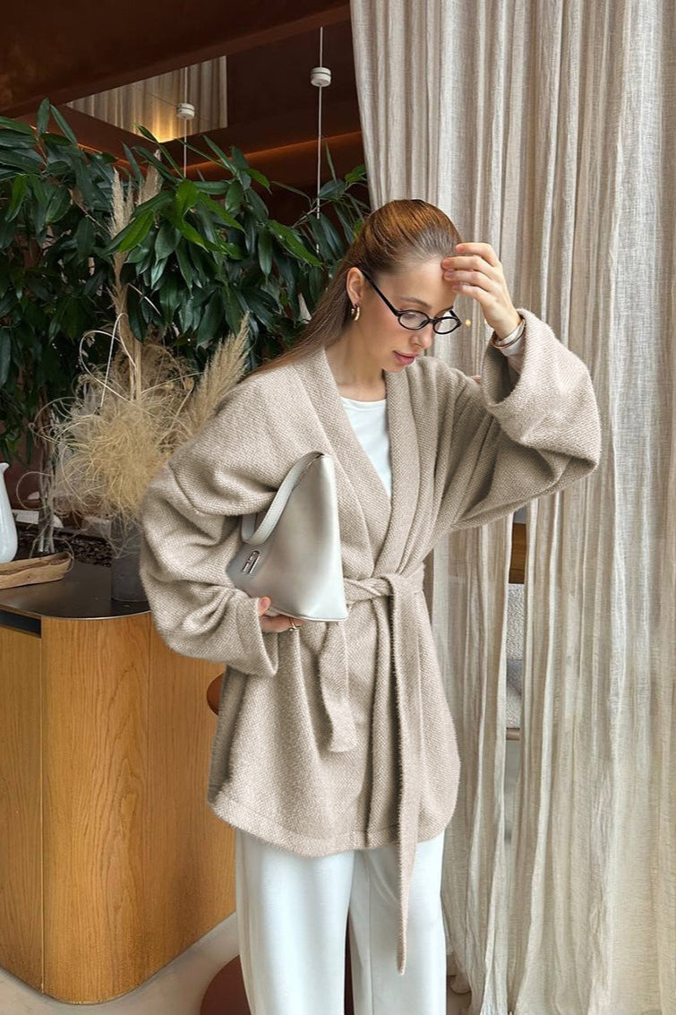 Elegant Wool Blend Midi Coat with Tie-Waist Detail