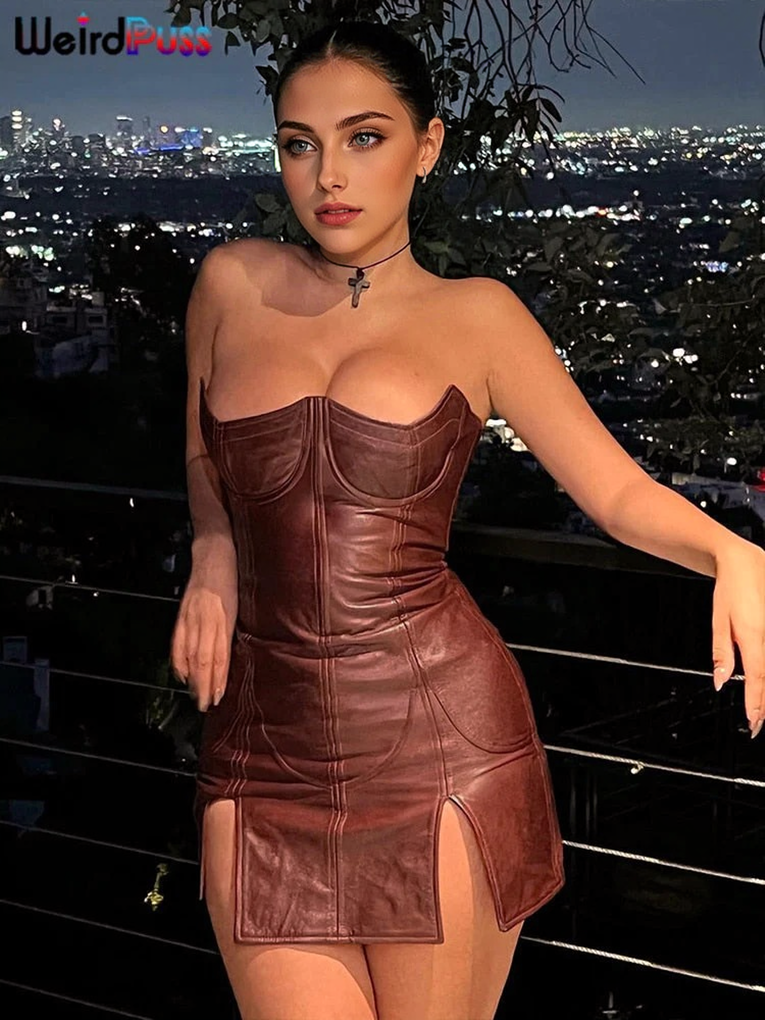 Faux Leather Strapless Corset Split Bodycon Mini Dress
