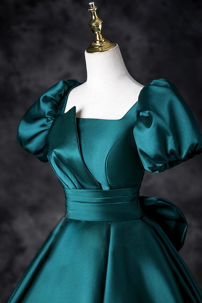 Square Neck Puff Sleeve Satin Bow Back A-Line Maxi Gown 3