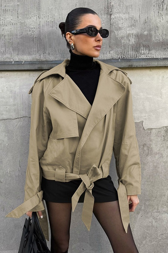 Chic Khaki Belted Trench Coat with Vintage Barn-Style Design