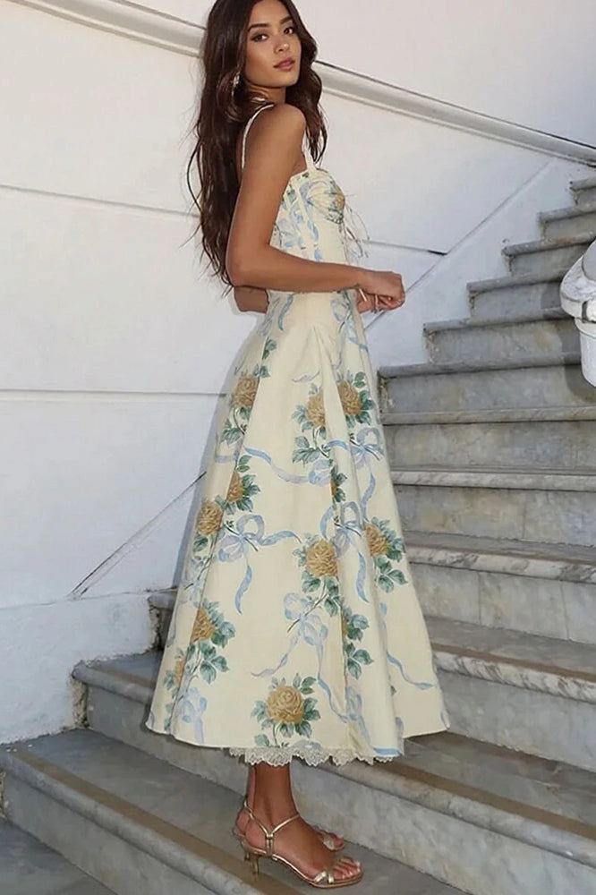 Floral Print Sweetheart Lace-Up A-Line Midi Dress
