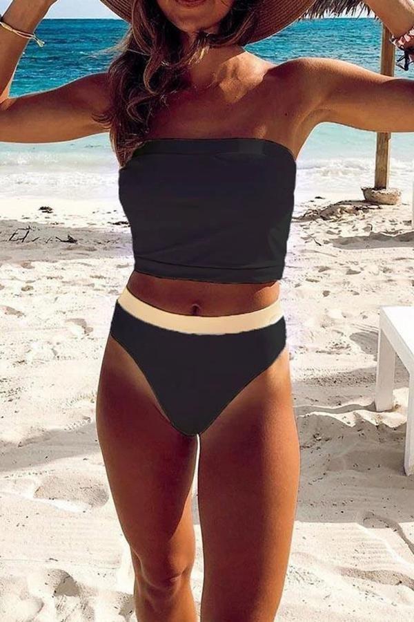 Solid Color High Waist Strapless Bikini - Fashionpara