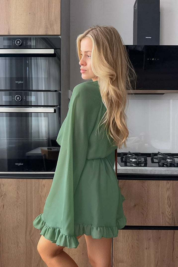 Vintage Lace Up Sleeve Ruffle Mini Dress