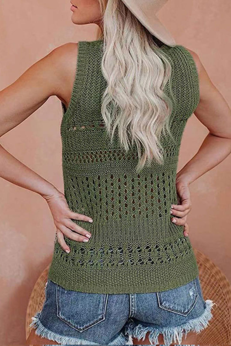 V Neck Sleeveless Hollow Out Knit Vest(2 Colors)