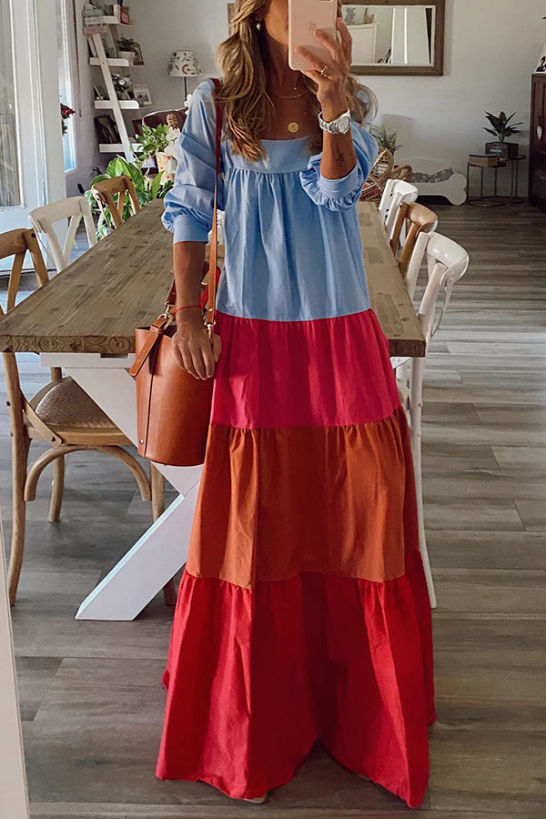 Square Neck Empire Waist Tiered Long Sleeve Maxi Dress - View 3