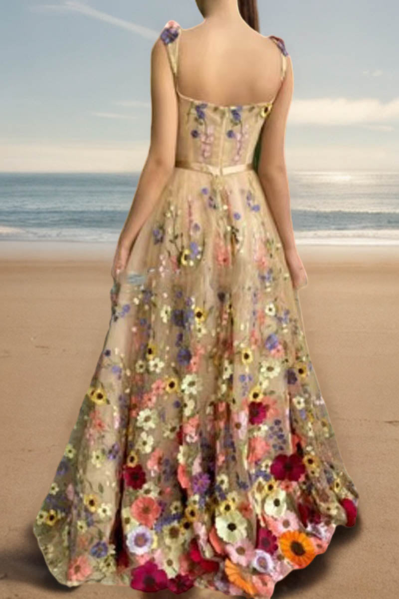 3D Floral Embellished Maxi Dress Suspender Skirt - Fashionpara