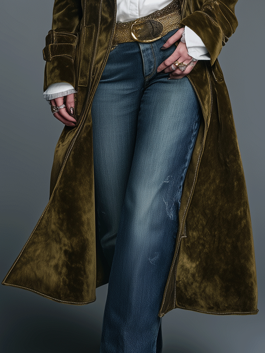 Boho Luxe Olive Velvet Leopard Lapel Long Coat - Fashionpara