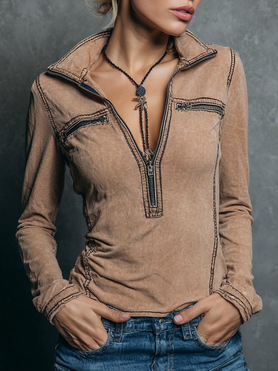 Retro Half Zip Collar Pocket Blouse - Fashionpara