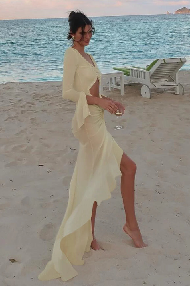 Mesh Long Sleeve Cutout High Split Maxi Dress 3