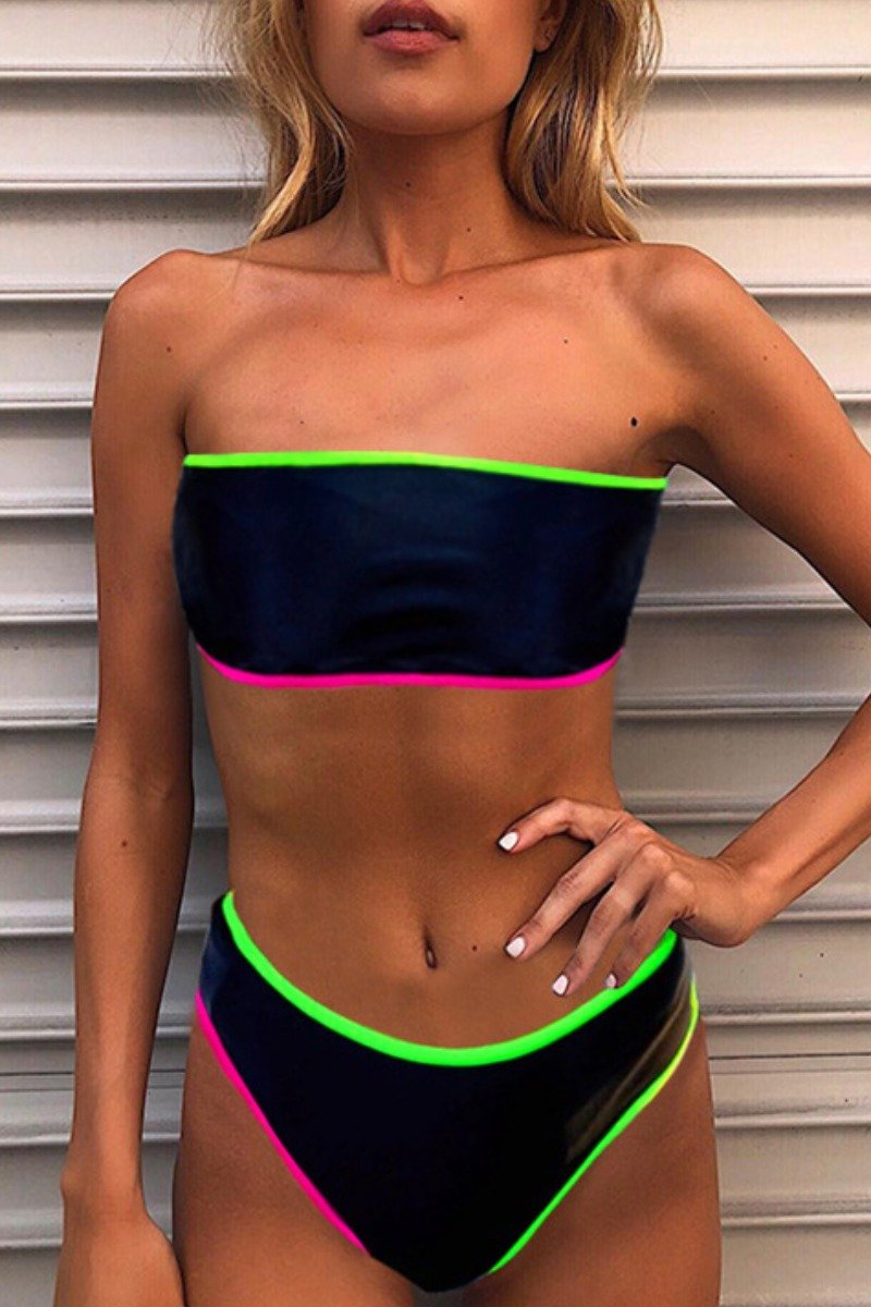 Patchwork Design High Cut Black Bikini Set - Fashionpara