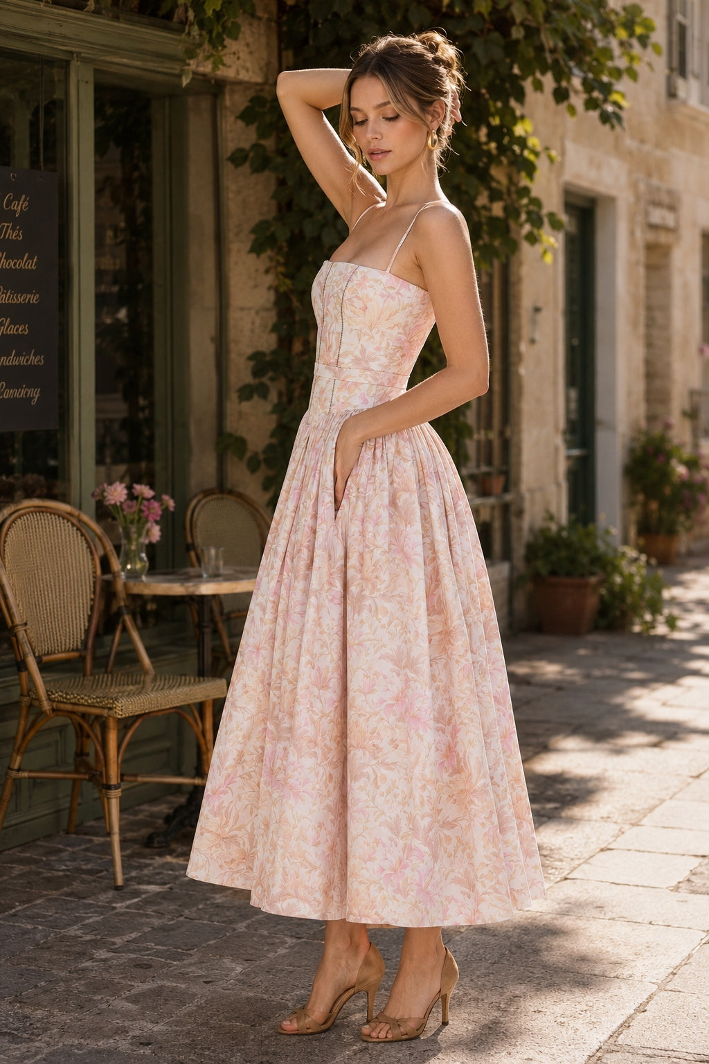 Square Neck Floral Corset Bodice Full Skirt Midi Dress 7