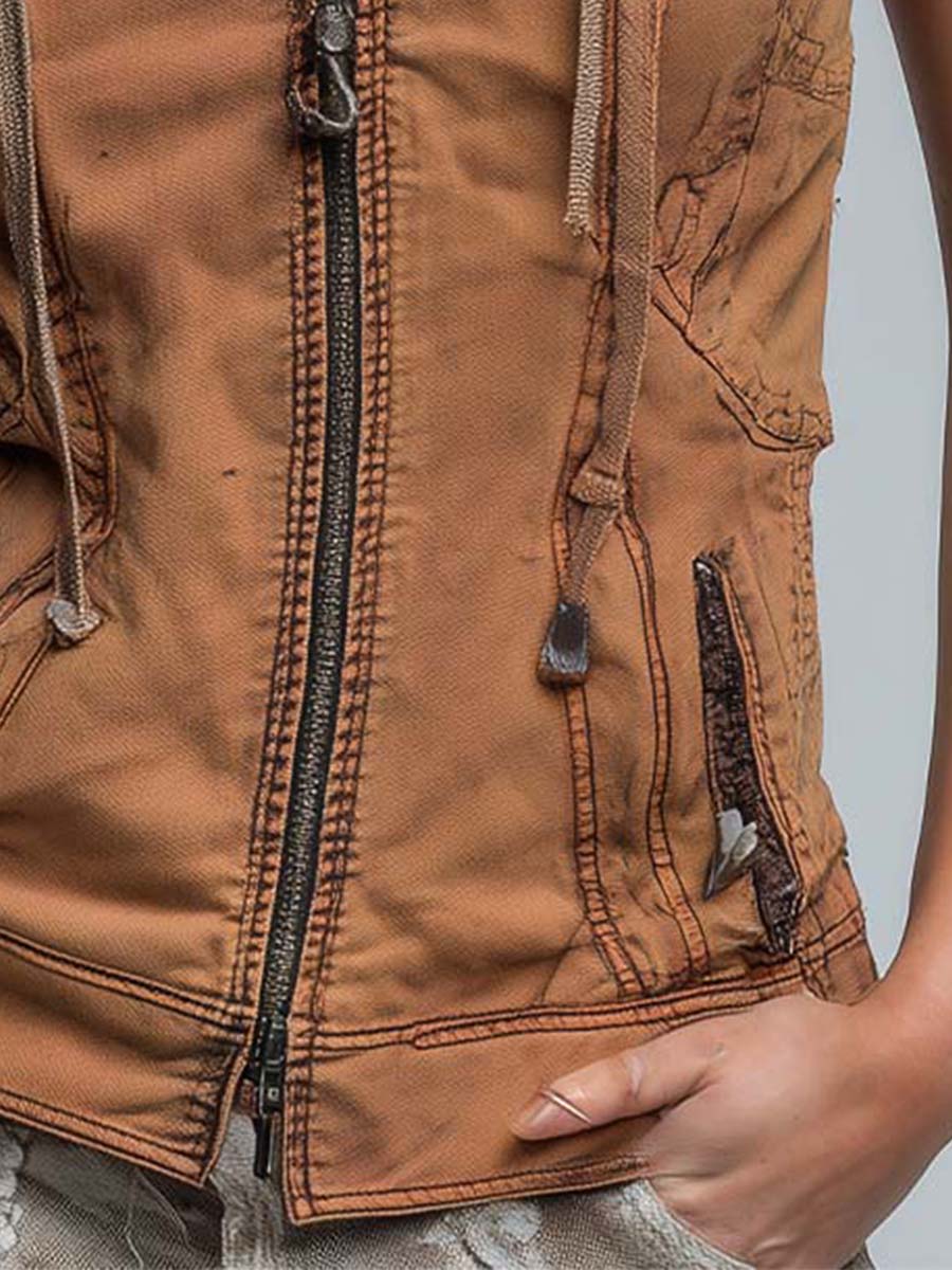 Vintage Washed Utility Style Hoodie Vest - Fashionpara