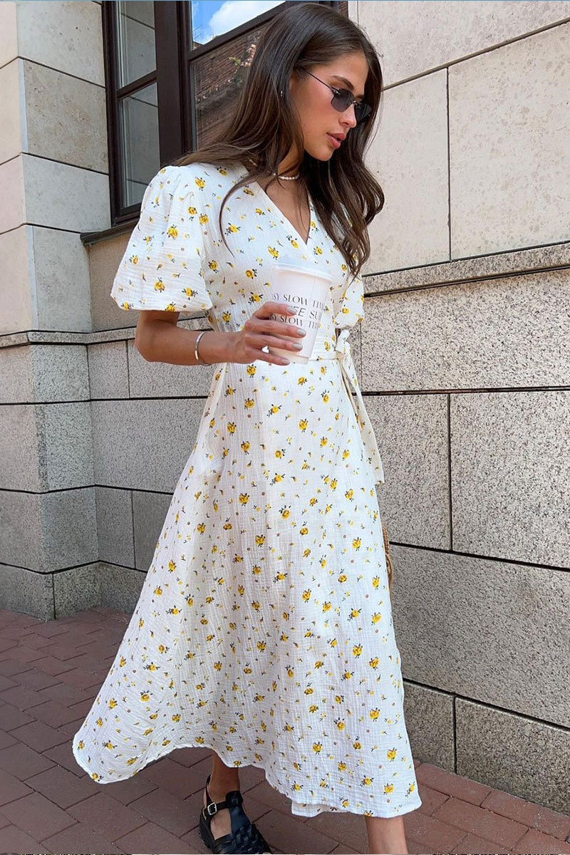 Floral Wrap V Neck Puff Sleeve Midi Dress 2