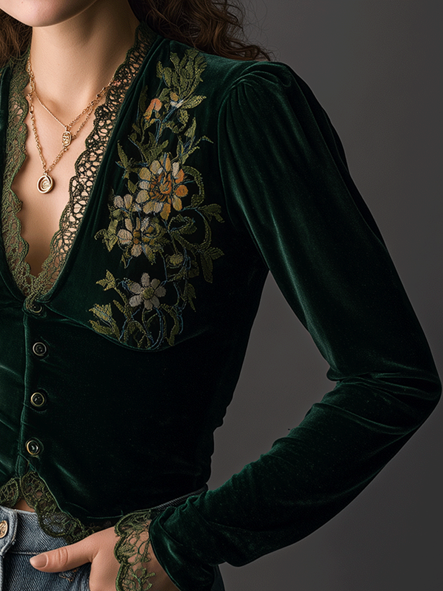 Floral Embroidered Velvet Shirt - Fashionpara