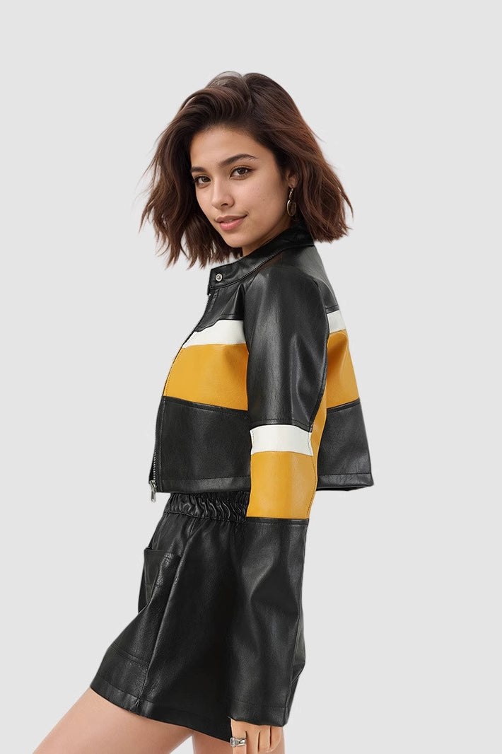Color-Block PU Leather Biker Jacket 3