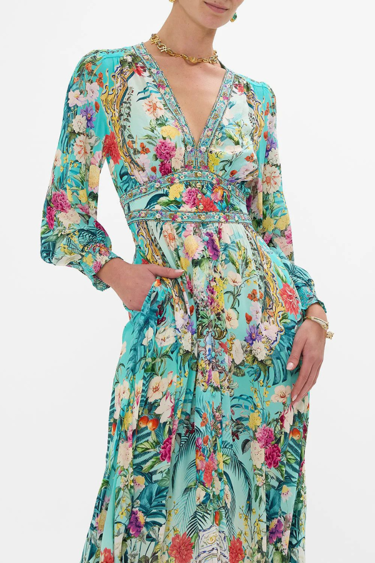 Printed V-neck Long-sleeved Puff Sleeve Waist Maxi Dress - Fashionpara