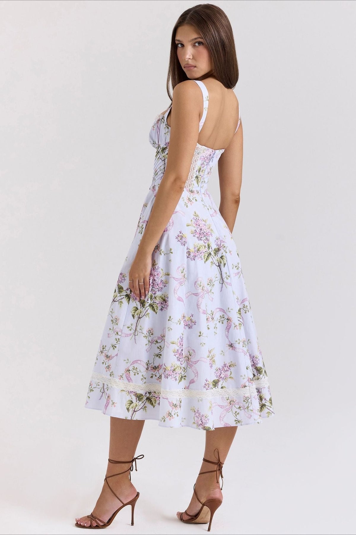 Cotton Square Neck Lace Panel Corset Midi Dress