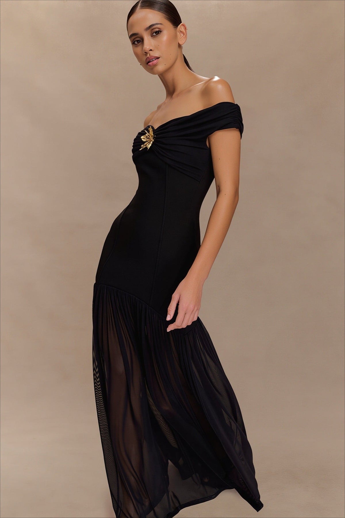 Floral Brooch Off Shoulder Mesh Maxi Dress