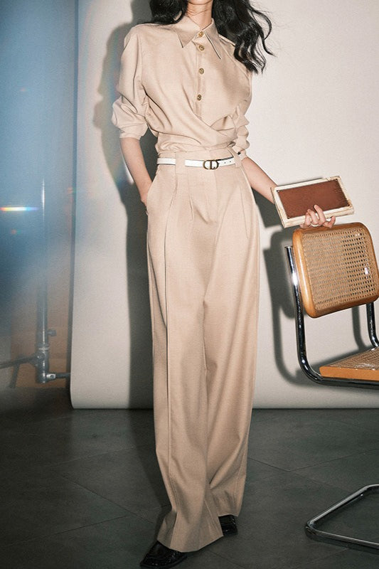 Tailored Twill Asymmetrical Cut Blouse Pants Two Piece Set