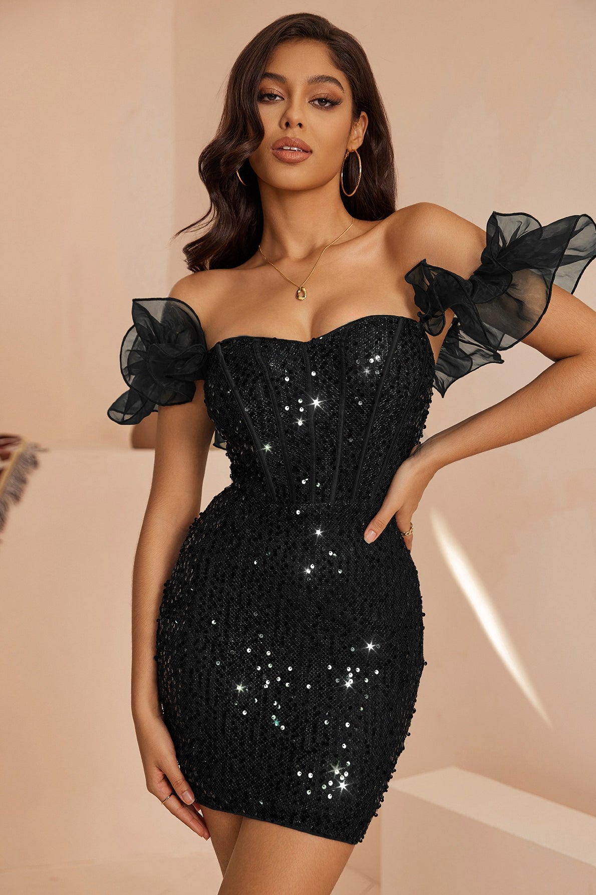 Sequin Off-Shoulder Ruffle-Sleeve Corset Bodycon Mini Dress