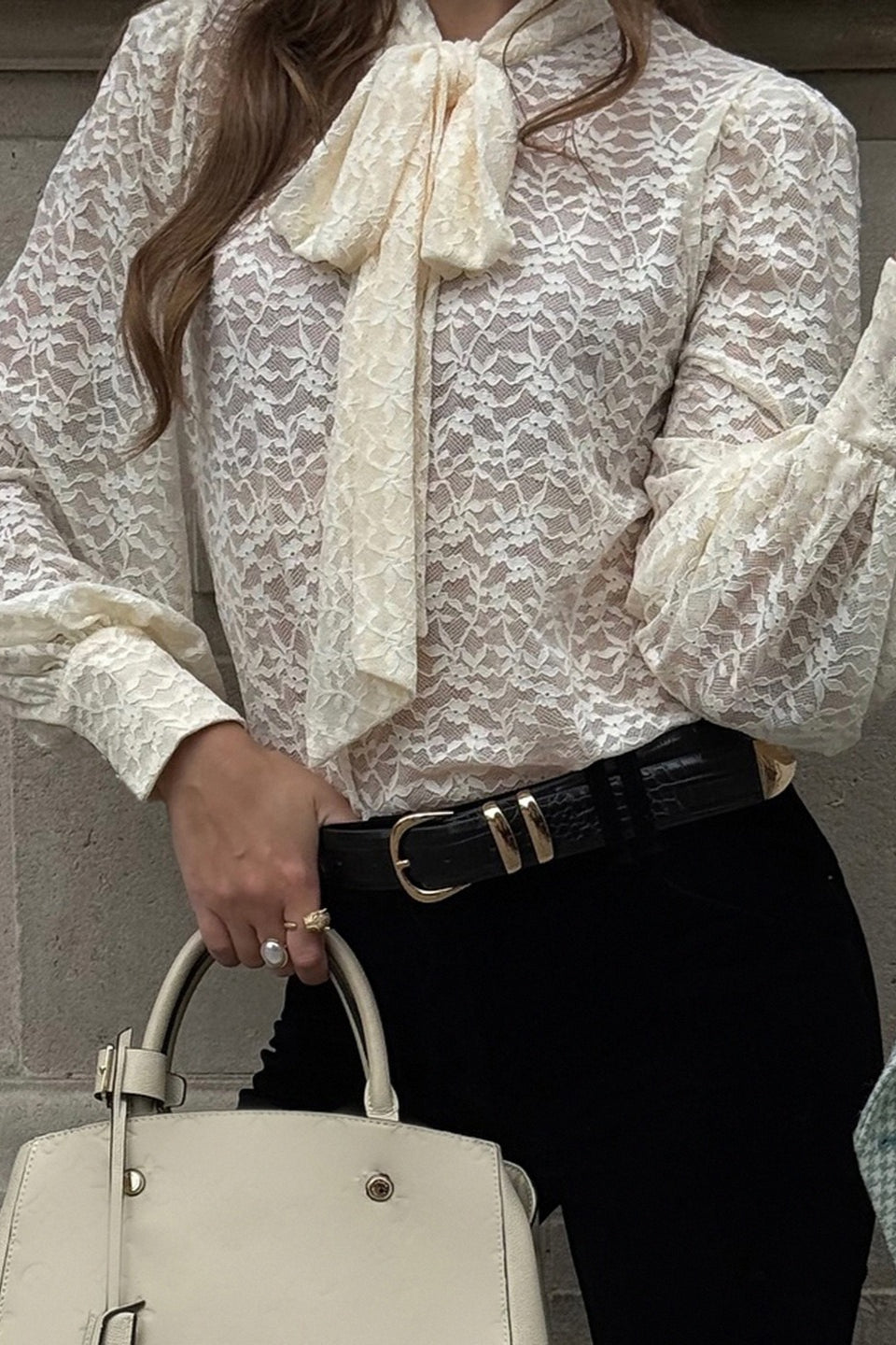 Jacquard Lace Bow Tie Blouse