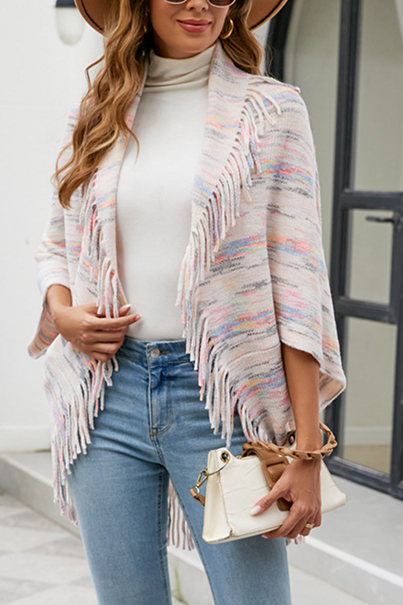 Color Striped Fringed Knit Shawl Sweater - Fashionpara