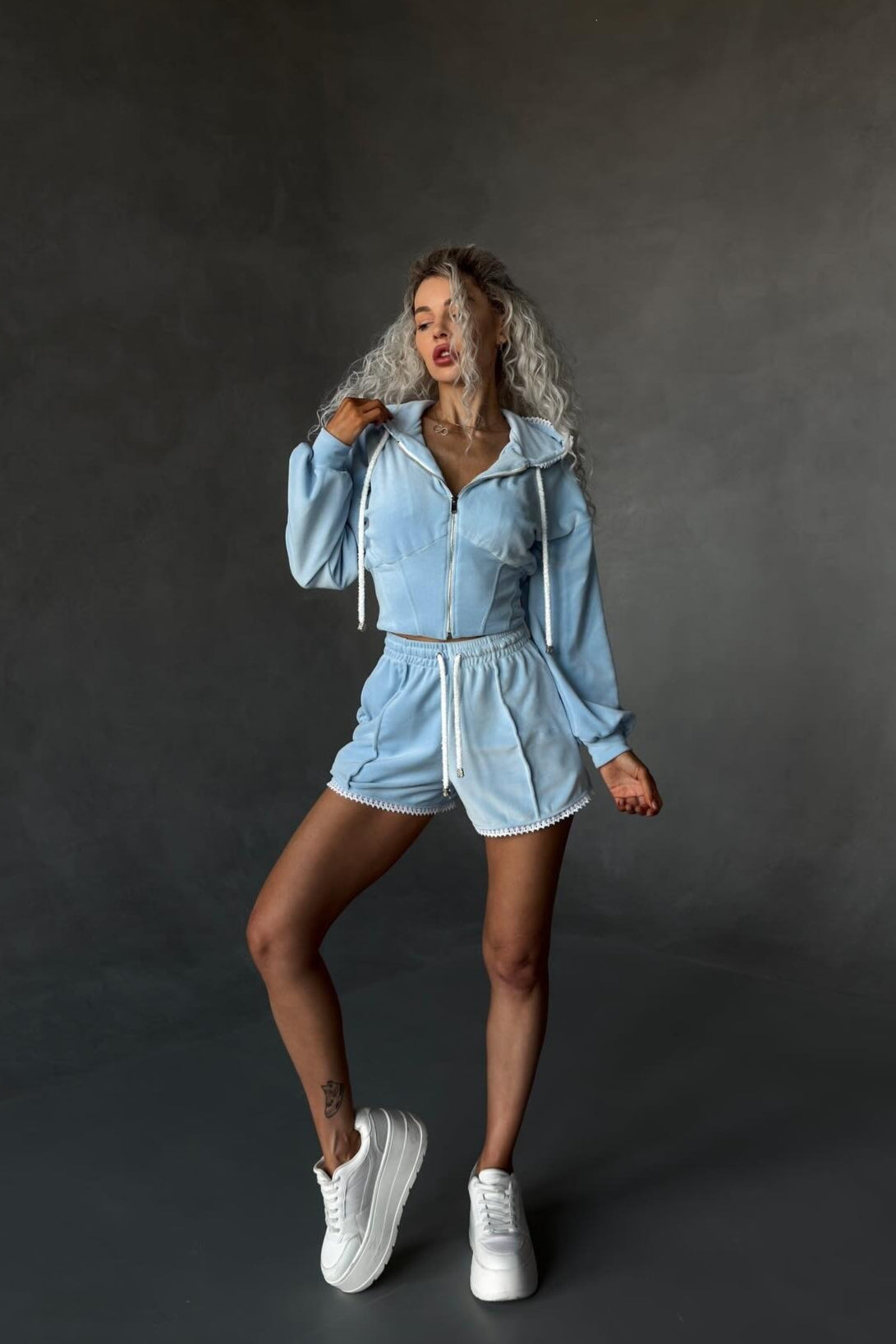 Contrast Velour Zip Front Shorts Hoodie Two Piece Set