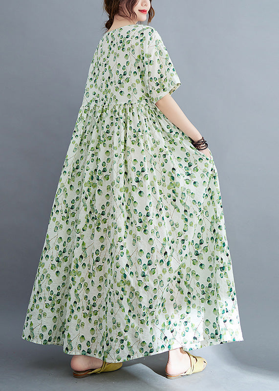 Leaf Print Round Neck Short Sleeve Empire Waist Oversized Maxi Dress - View 5