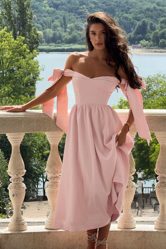 Off Shoulder Sweetheart Tie Bow Strap Corset Bodice A-Line Midi Dress