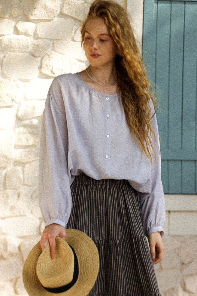 Lantern Sleeve Round Neck Blouse