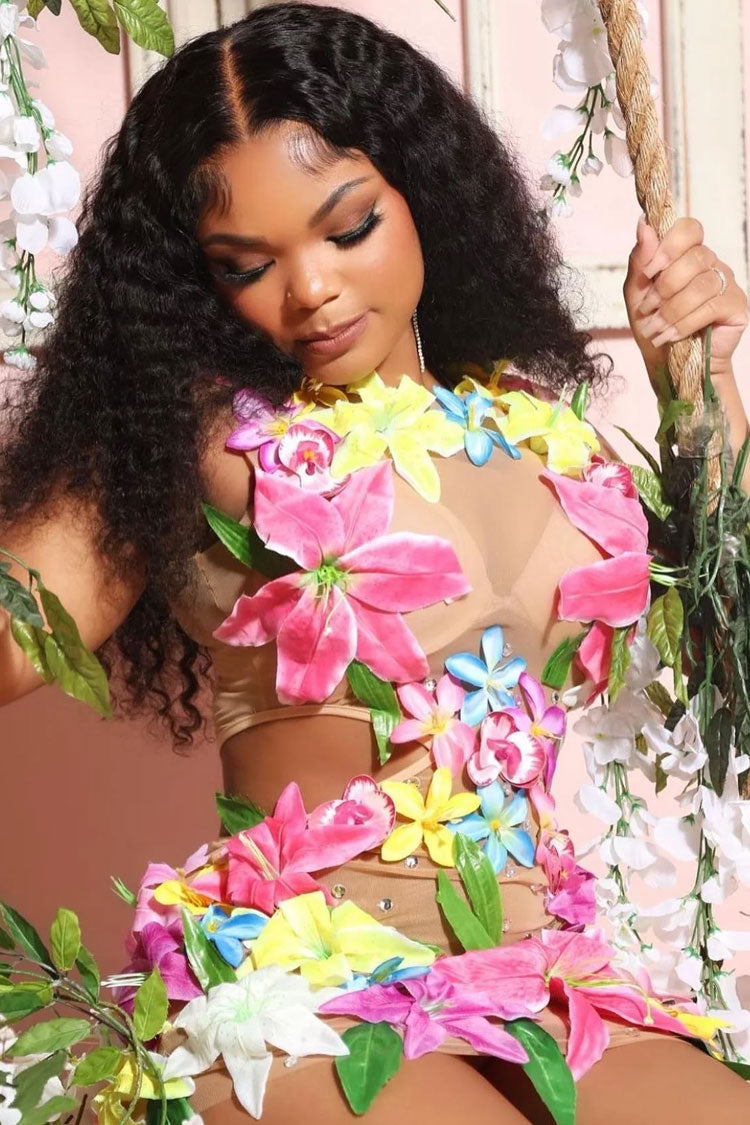 3D Flower Applique Rhinestone Cutout Sleeveless Sheer Mesh Mini Dress - Nude Fashionpara