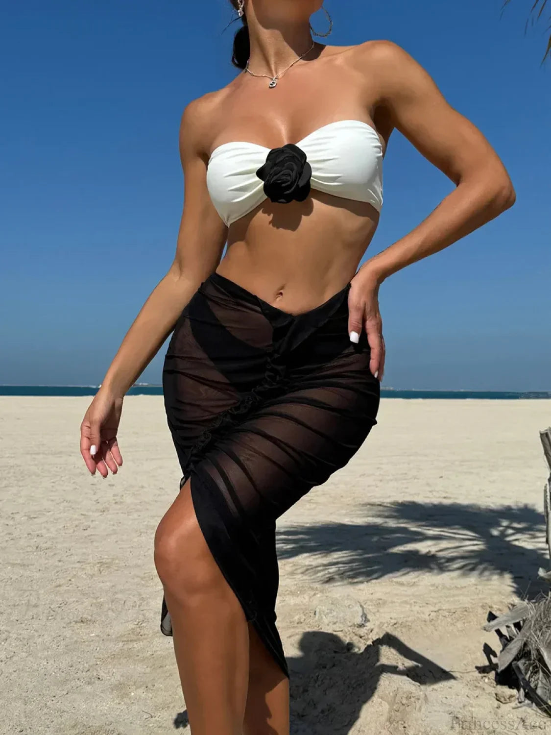 3D Flower Bandeau Bikini with Mesh Skirt Three Piece Swimsuit White / S