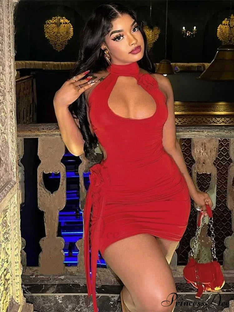 3D Flower Decoration Red Vacation Dresses Sexy Hollow Backless Bodycon Christmas Party Dress - Fashionpara